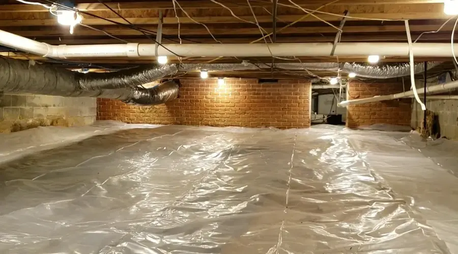 Brick-walled cellar under an older home with plastic sheeting over the floor
