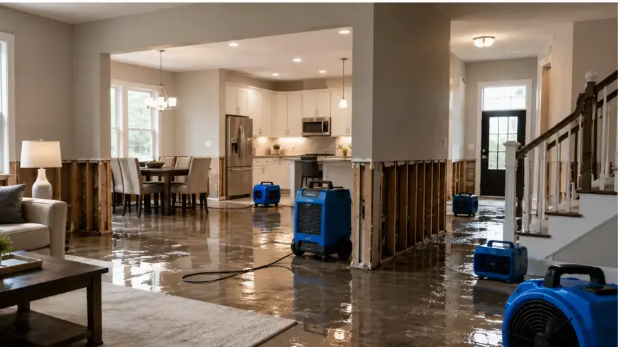 Air movers and a dehumidifier drying a flooded living room after the drywall was cut in a New Castle home