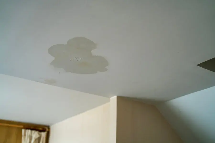 Water stains spreading across a ceiling below an upstairs bathroom