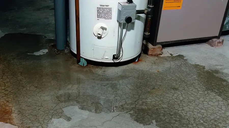 Water spreading across a basement floor from a leaking water heater