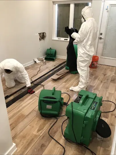 Technicians in protective suits with drying equipment during a sewage cleanup