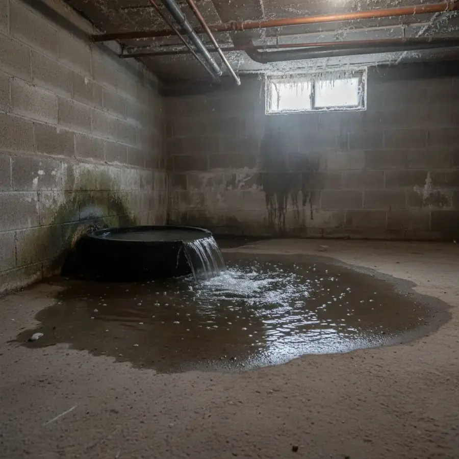 Water pooling across an unfinished basement floor around an overflowing sump pit