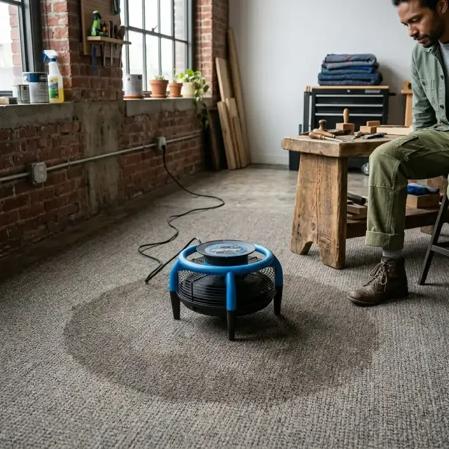 Technician beside an air mover drying carpet in a brick-walled room